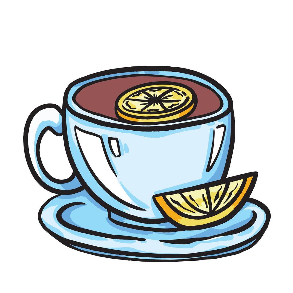 Lemon tea in blue cup colorful illustration isolated on square white background. Simple flat outlined cartoon art styled warm drink drawing. vector