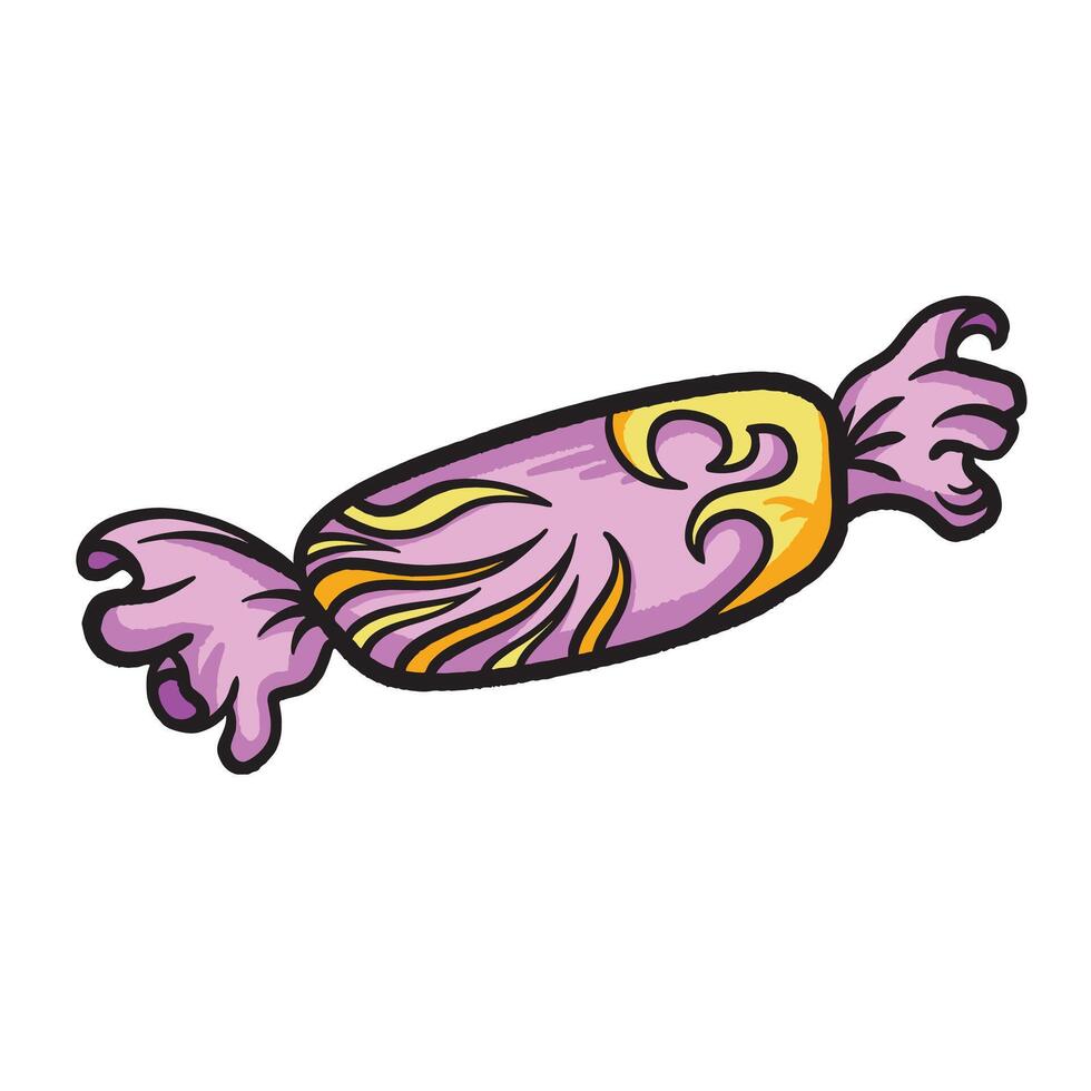 Pink and yellow wrapped candy colorful illustration isolated on square white background. Simple flat outlined cartoon art styled drawing. vector