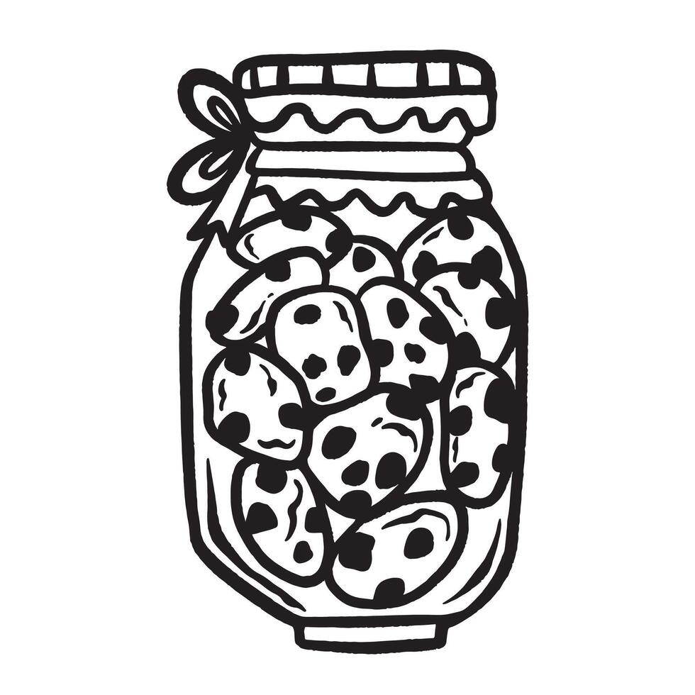 Chocochip cookie jar black and white illustration isolated on square white background. Simple flat outlined cartoon art styled sweet food drawing. vector