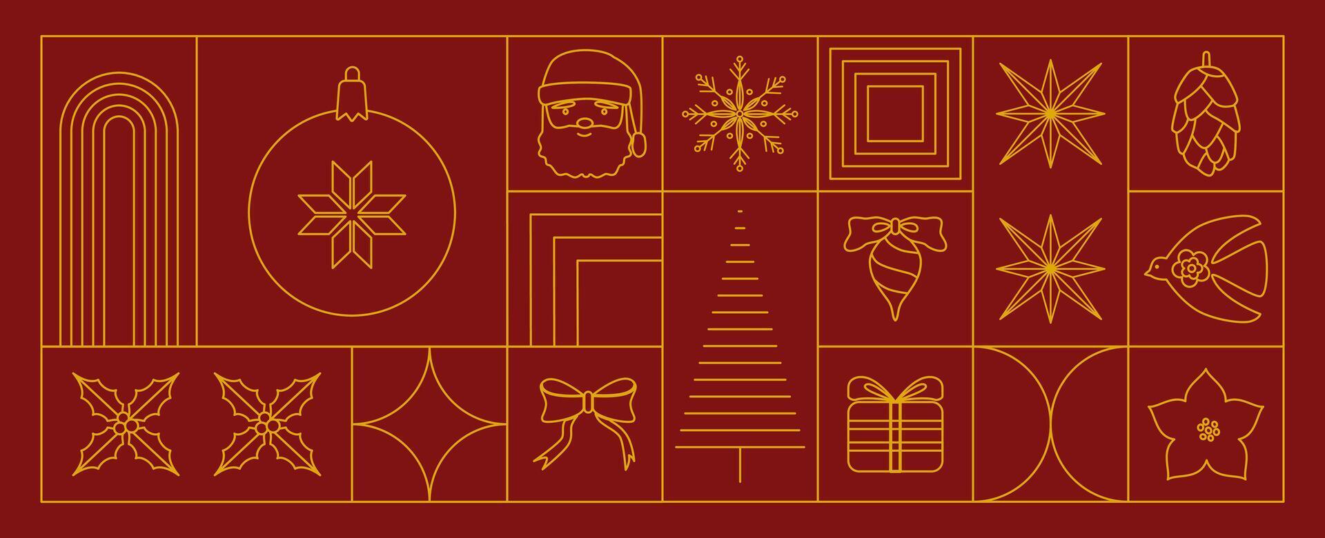 Linear Christmas geometric background. Art deco golden horizontal banner. Luxury Christmas invitation, greeting card, cover, flyer template. . vector