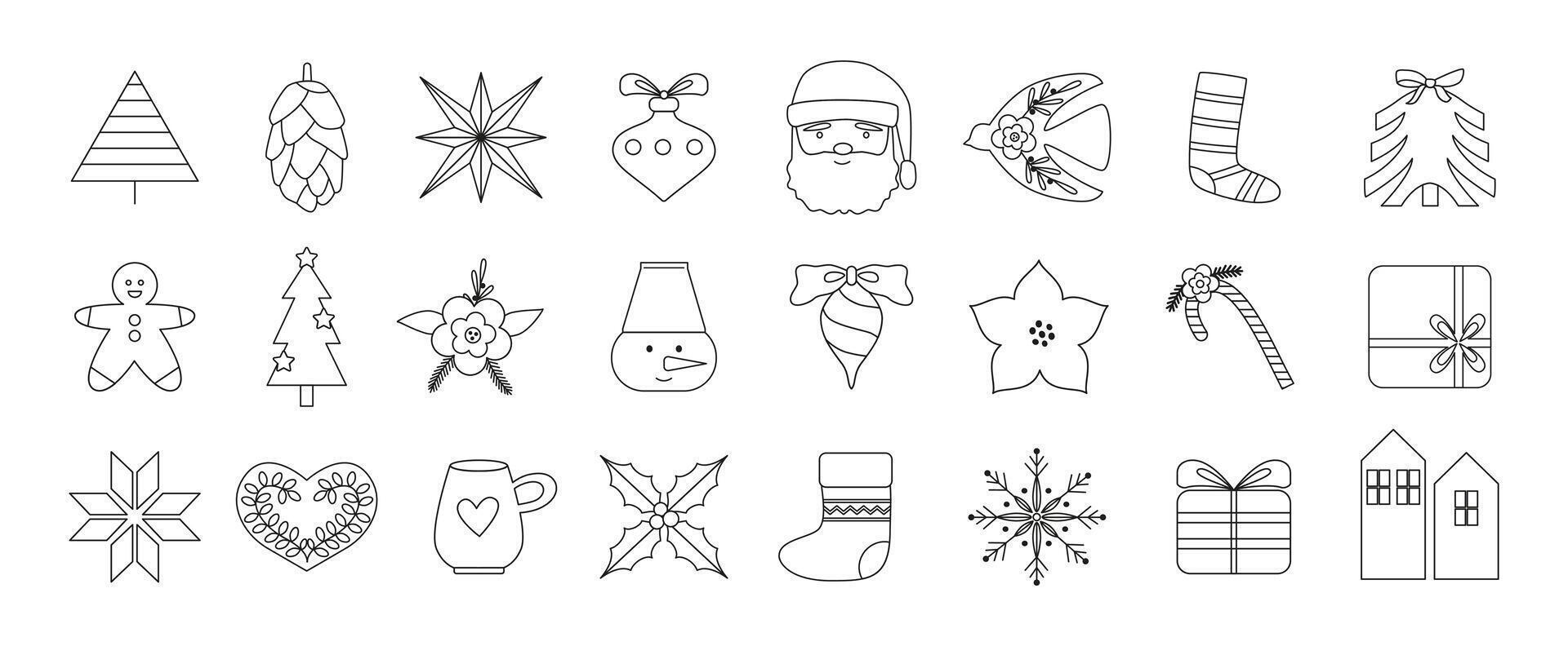 Linear Christmas icons and elements. Retro vintage New Year symbols. Winter festive holidays. Line art. Outline isolated on white. vector