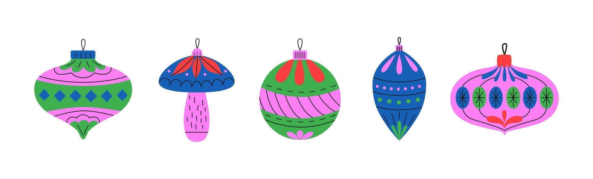 Christmas tree decorations, toys, balls, baubles. Bold modern colors. Hand drawn festive doodles and stickers. illustration isolated on white background. Winter holiday season. vector