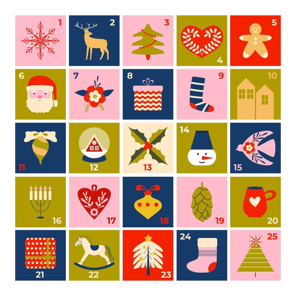 Christmas advent calendar in retro vintage style. Christmas illustrations and numbers. Winter festive tradition. Countdown holiday calendar. Minimalist design. Banner, poster, card template. . vector