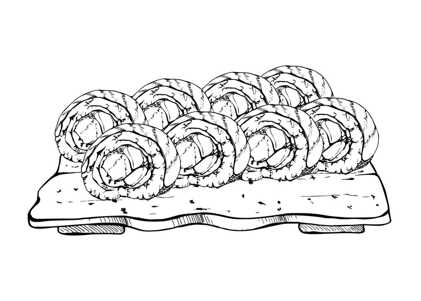 Japanese food sushi roll set on ceramic plate with raw fish alaska california rainbow, salmon avocado tuna daikon, hand drawn in pen and ink. Illustration for restaurant, cafe menu, recipe book vector