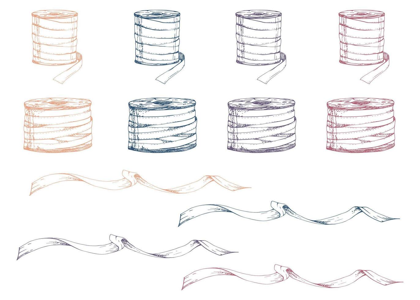 Ribbon bobbins fabric strap streamer serpentine. Hand drawn ink illustration sewing craft embroidery supplies. Set of isolated objects on white background. Design atelier, tailor, hobby shop vector