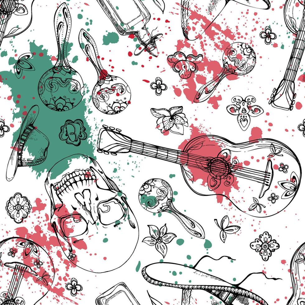 Mexican sombrero hat, guitar maracas musical instruments, cinco de mayo floral skull, red green white splash. Hand drawn ink illustration. Isolated seamless pattern for travel, gift shop paper vector