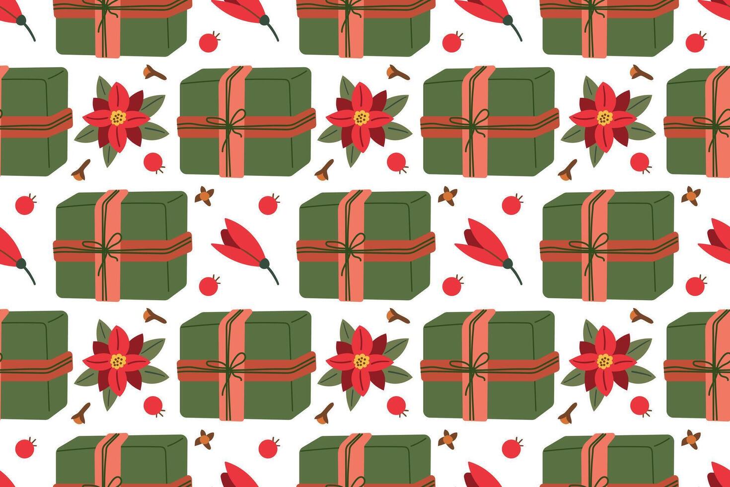 Seamless pattern from Christmas green gifts, festive bright gift box can be repeated and scaled in any size . Doodle cartoon style illustration for fabric or paper design. vector