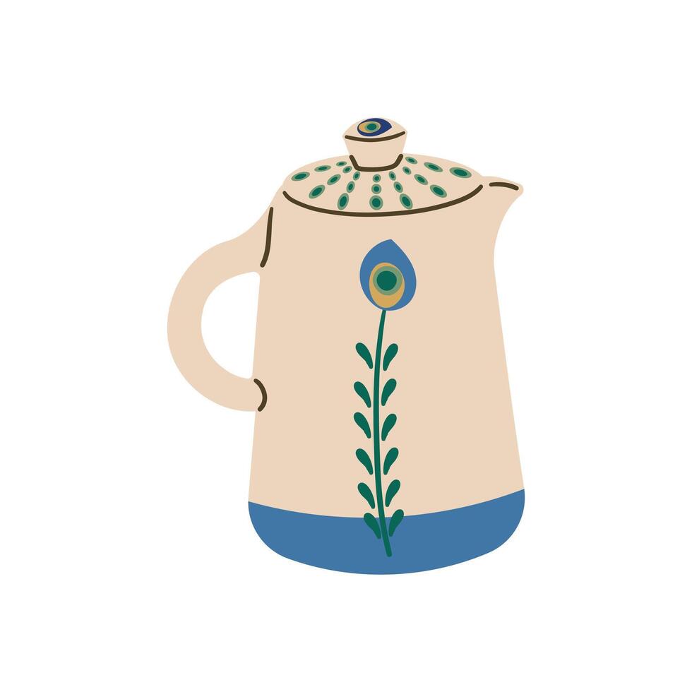 Decorative ceramic kitchen teapot for brewing tea. illustration doodle cartoon style for cozy warm design ,winter , autumn and cool season. For sticker , card or banner. vector