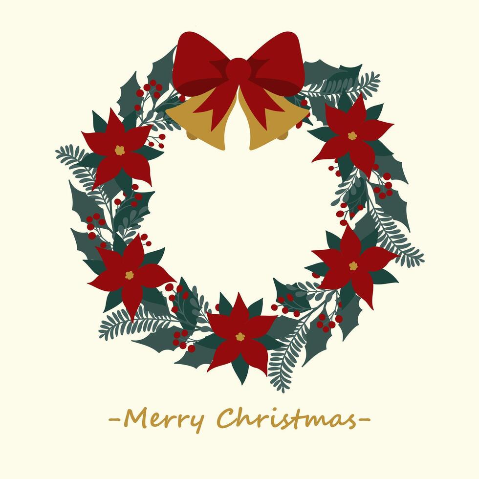 Merry Christmas greeting card with floral wreath with a bow with bells vector
