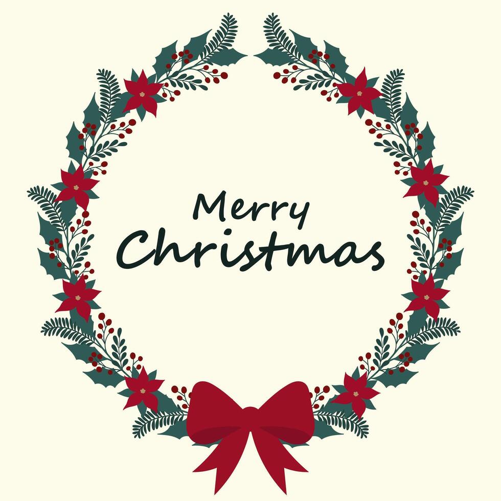 Merry Christmas Holiday card with floral wreath with a bow vector