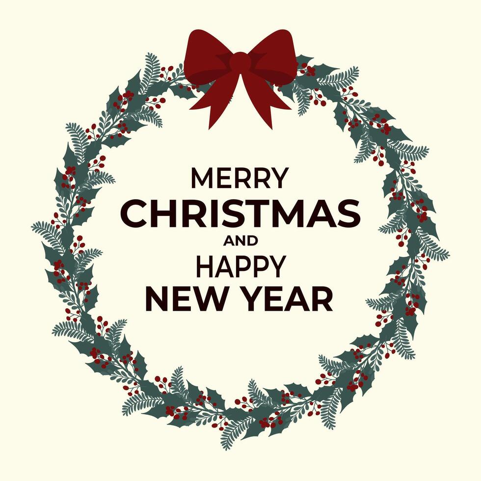 Merry Christmas and Happy New Year greeting card with floral wreath on light background vector