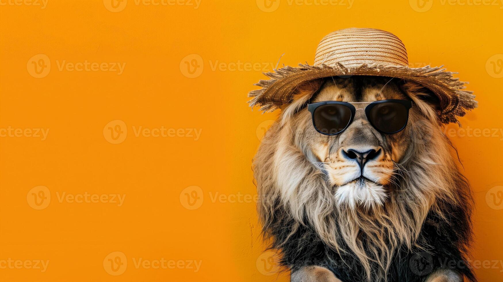 Lion in hat and glasses, promoting wild safari journeys on orange background, text space photo