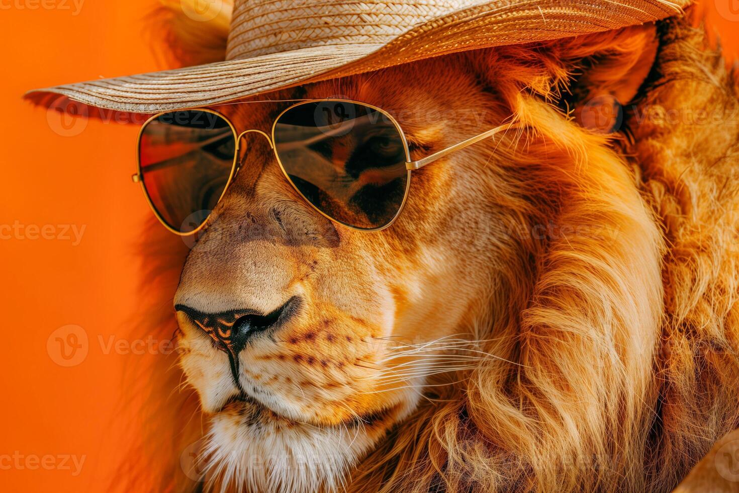 Lion in sunglasses and hat on orange background, safari research concept photo