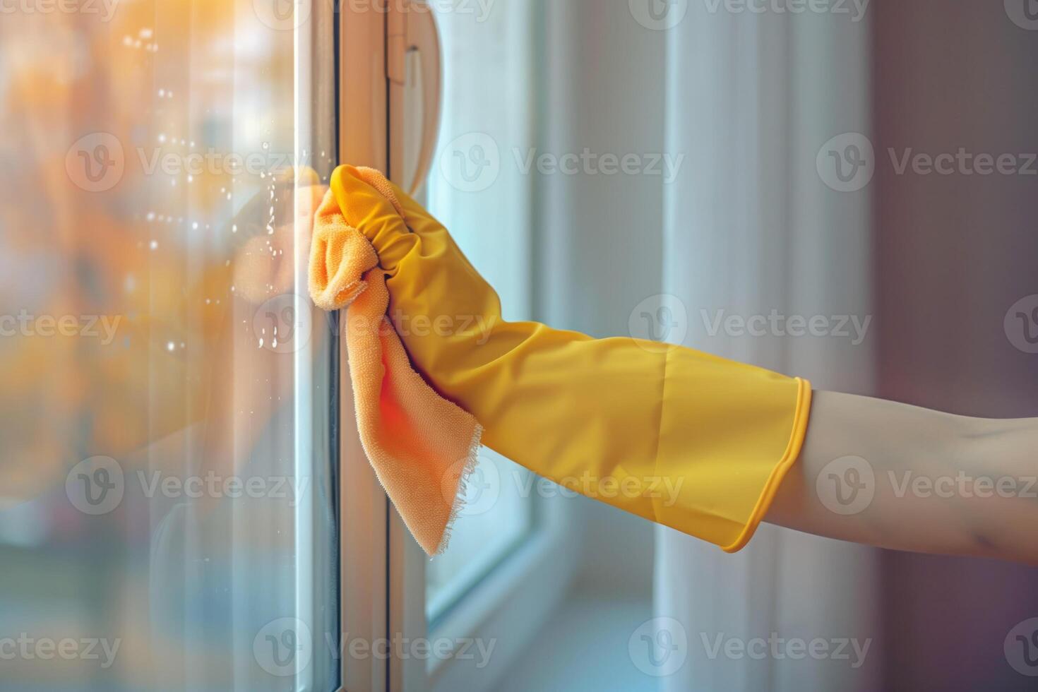 A gloved hand uses a microfiber cloth to clean a window, highlighting hygiene and household care photo