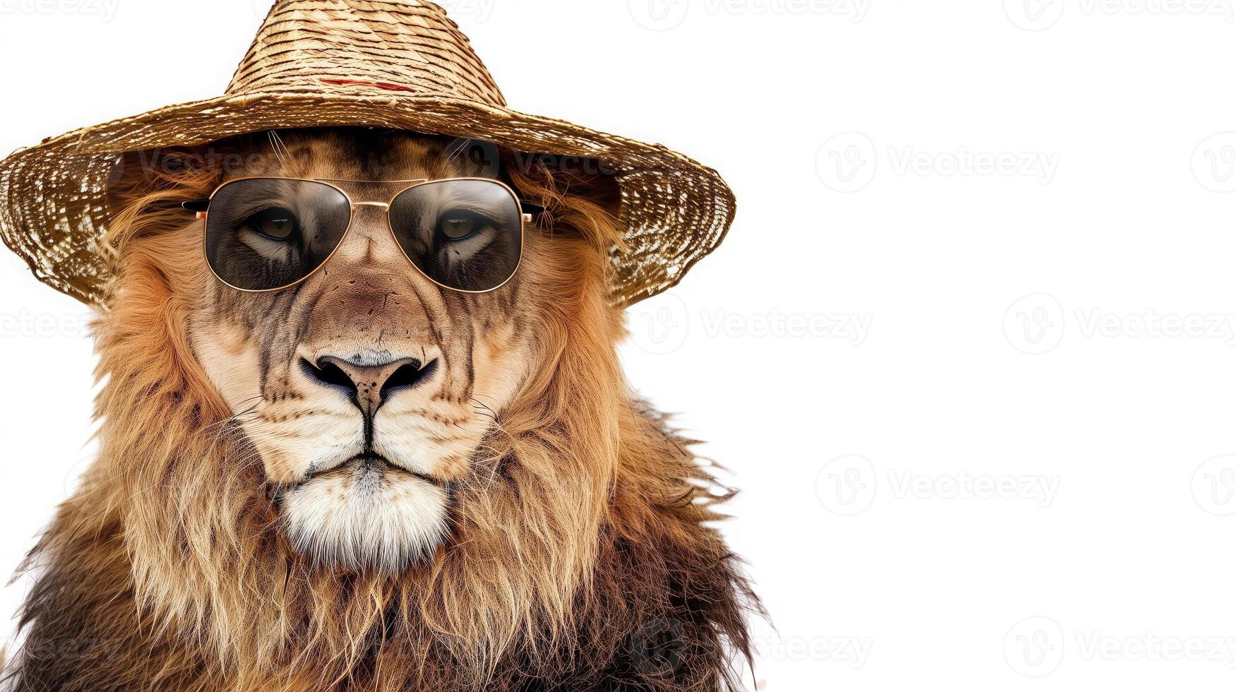 Lion with hat and sunglasses, on a white background, for safari travel advertising, text space photo