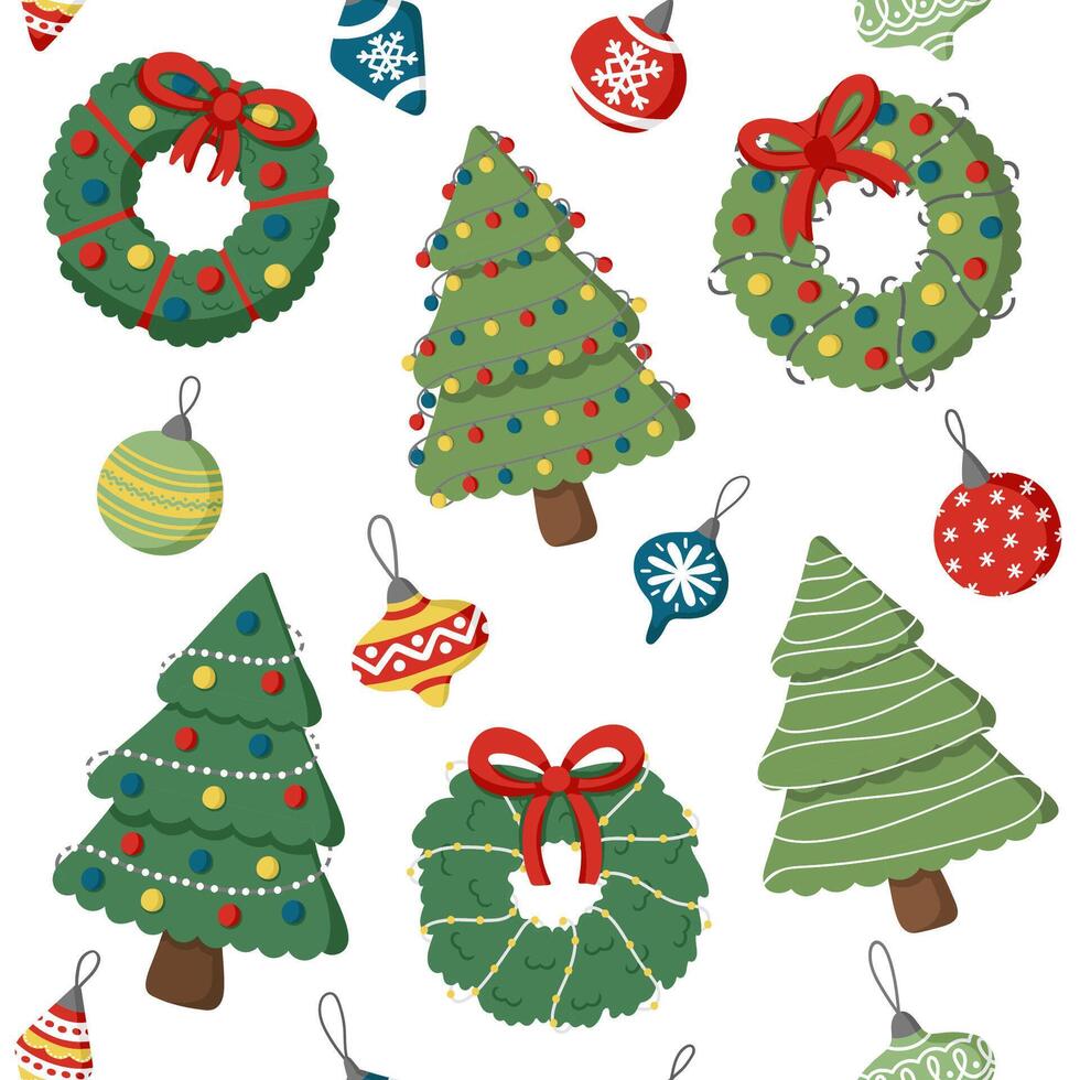 Christmas bright pattern with doodle trees and Christmas decorations vector