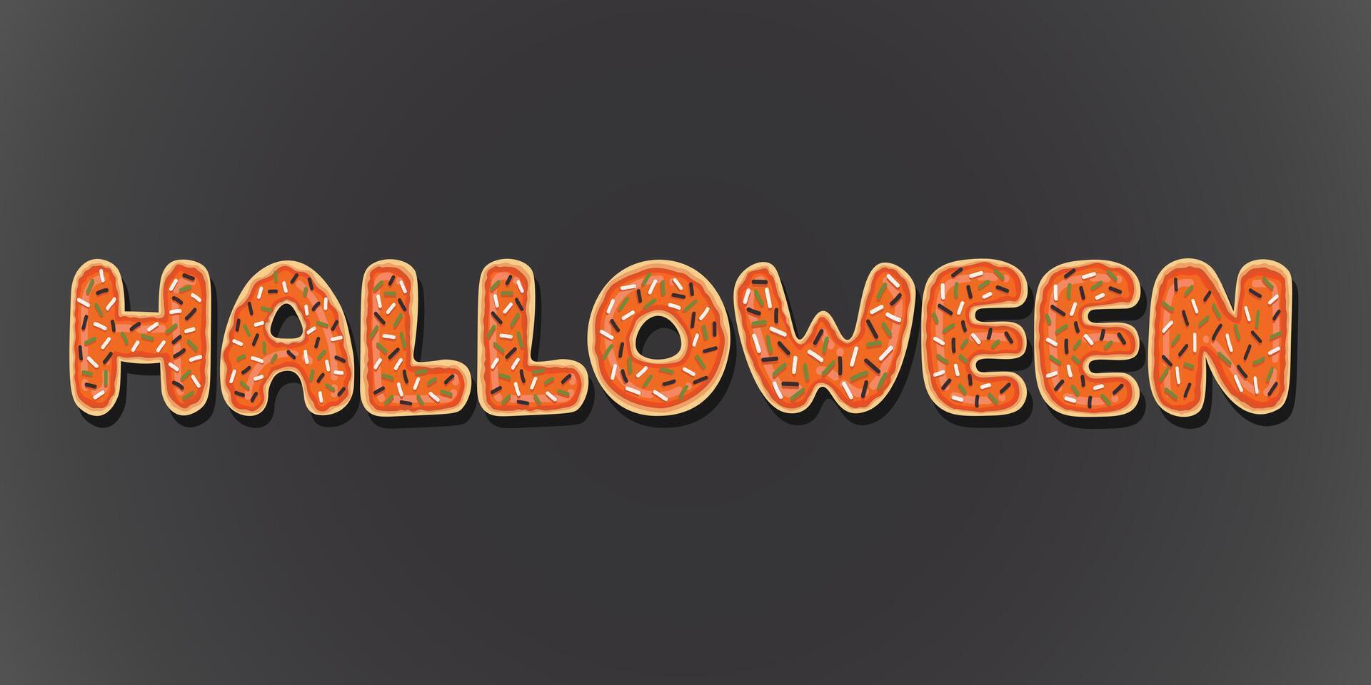 Doodle flat clipart. Halloween donut lettering. 2 cute cookies with a pumpkin and a ghost. To create charming unique cards for the holiday. All objects have been repainted. vector