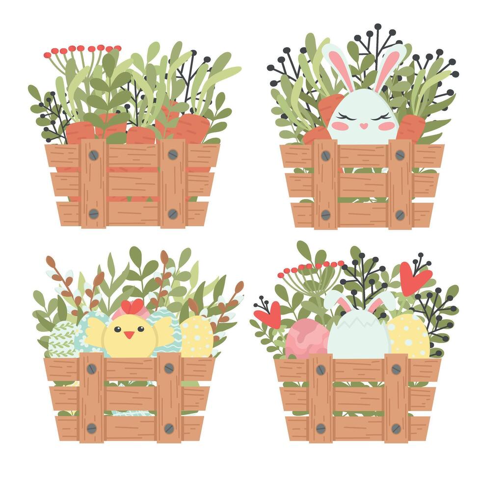 Set of cute Easter design elements. A box with flowers, colored eggs, rabbits and chickens. Easy to change color. vector
