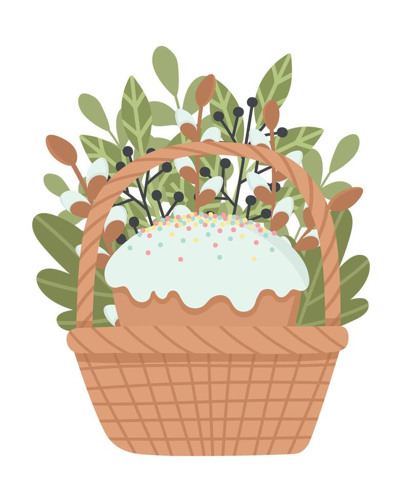 Cute postcard basket with Easter eggs and cupcake. Easy to change color. vector