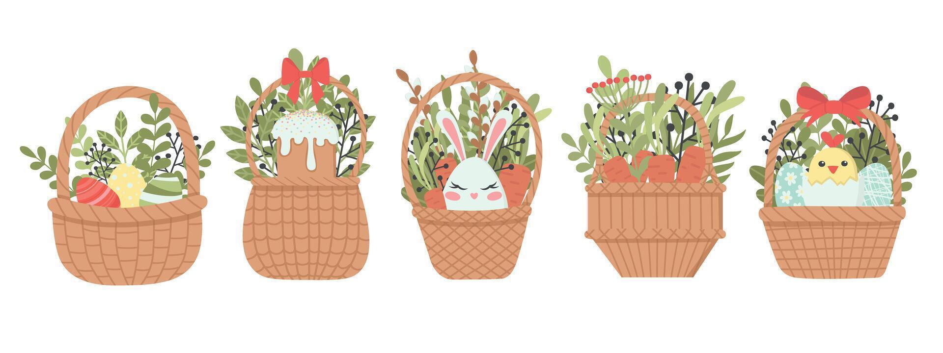 Set of cute Easter design elements. Basket with flowers and Easter eggs. Easy to change color. vector