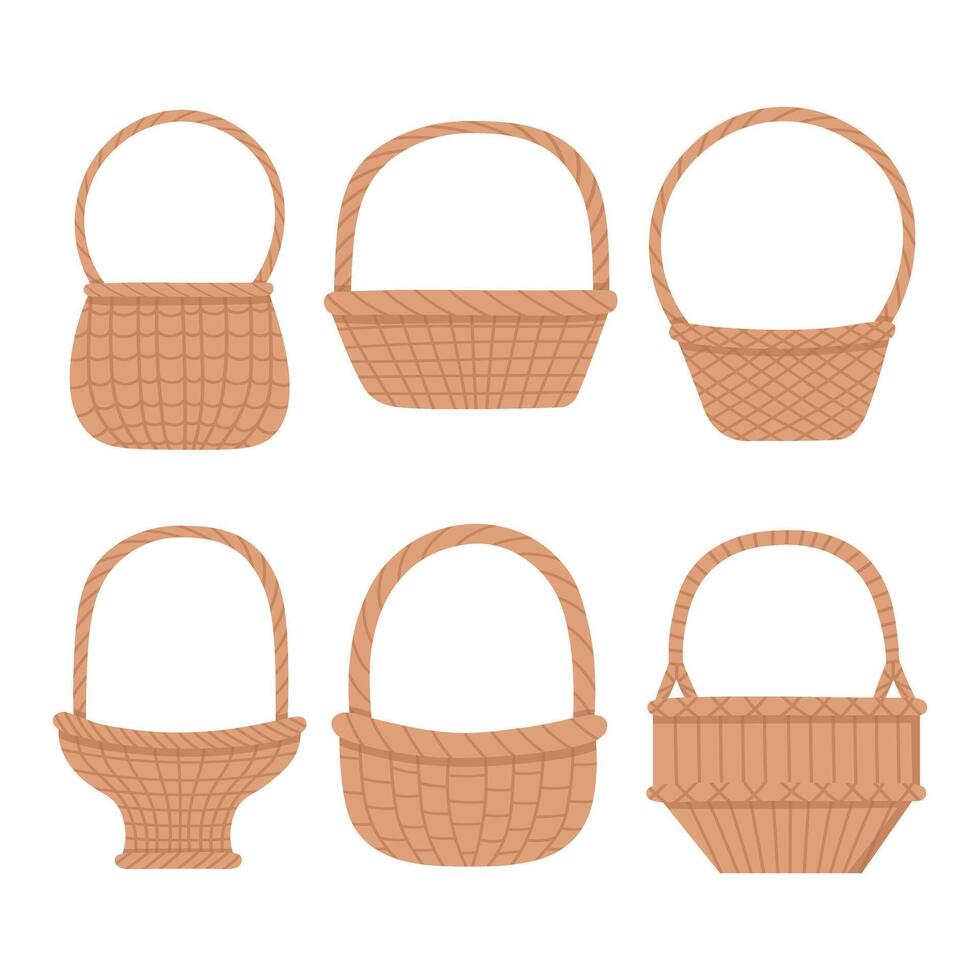 set of doodle flat clipart wicker basket vector