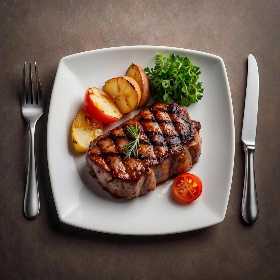 a steak and a fork are on a plate with a knife and fork. photo