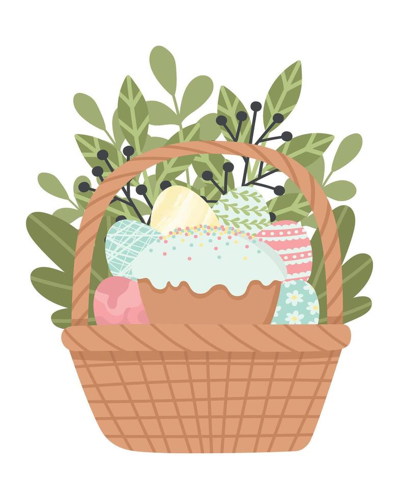 Cute postcard basket with Easter eggs and cupcake. Easy to change color. vector