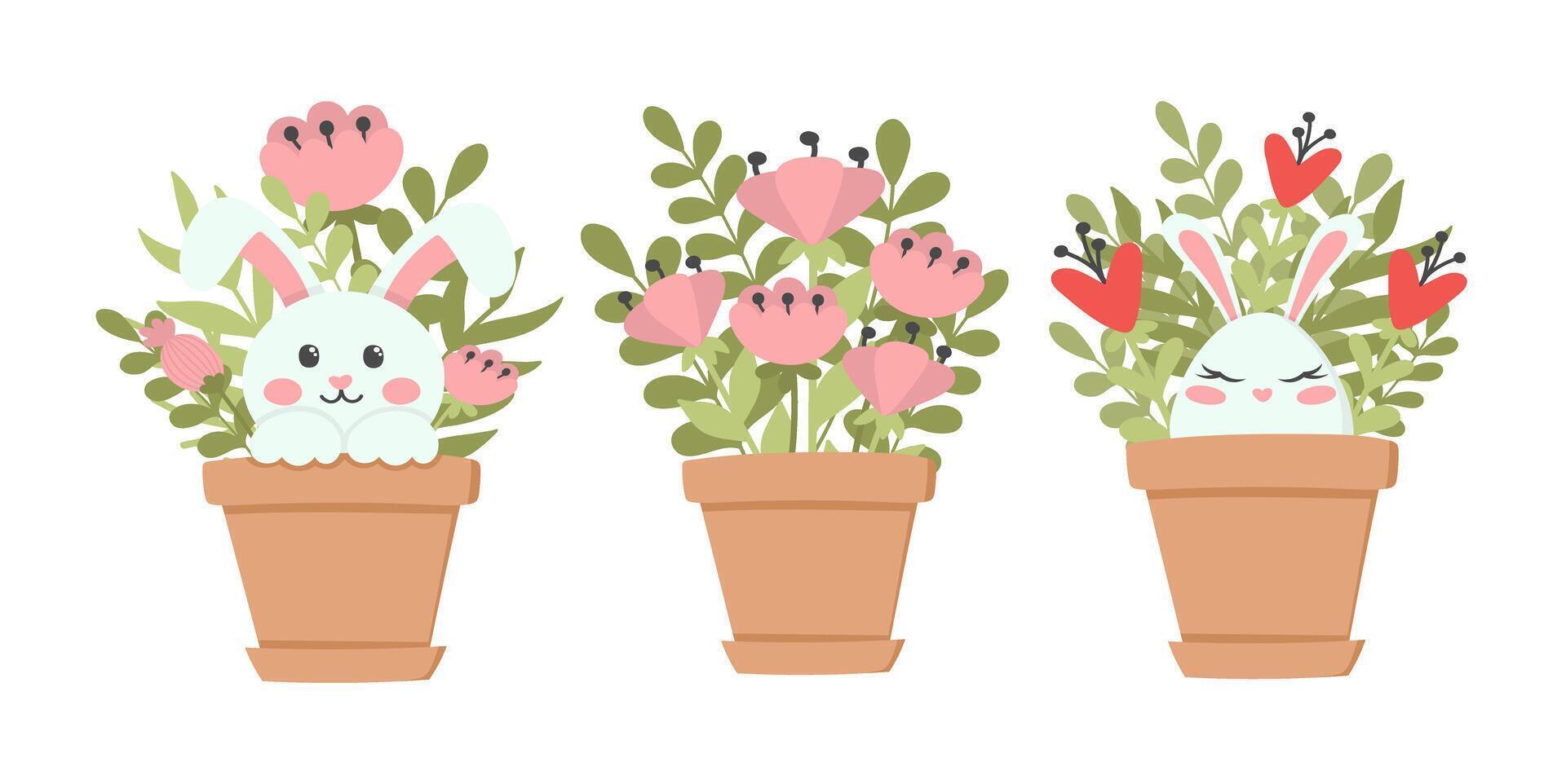 Set of cute Easter design elements. Pots with rabbits and flowers. Easy to change color. vector