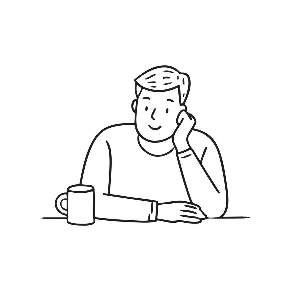 A man resting on his elbow on a table near a coffee mug vector