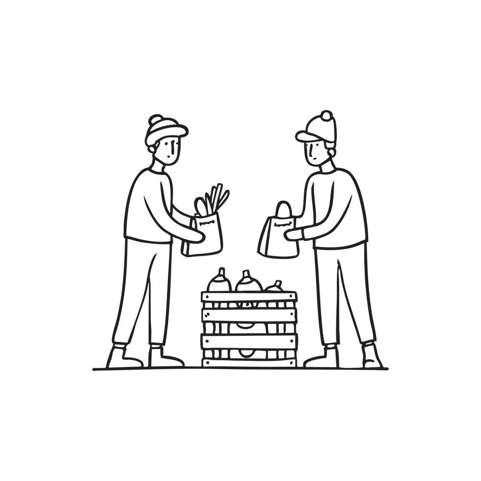 Two people exchanging goods in a marketplace vector