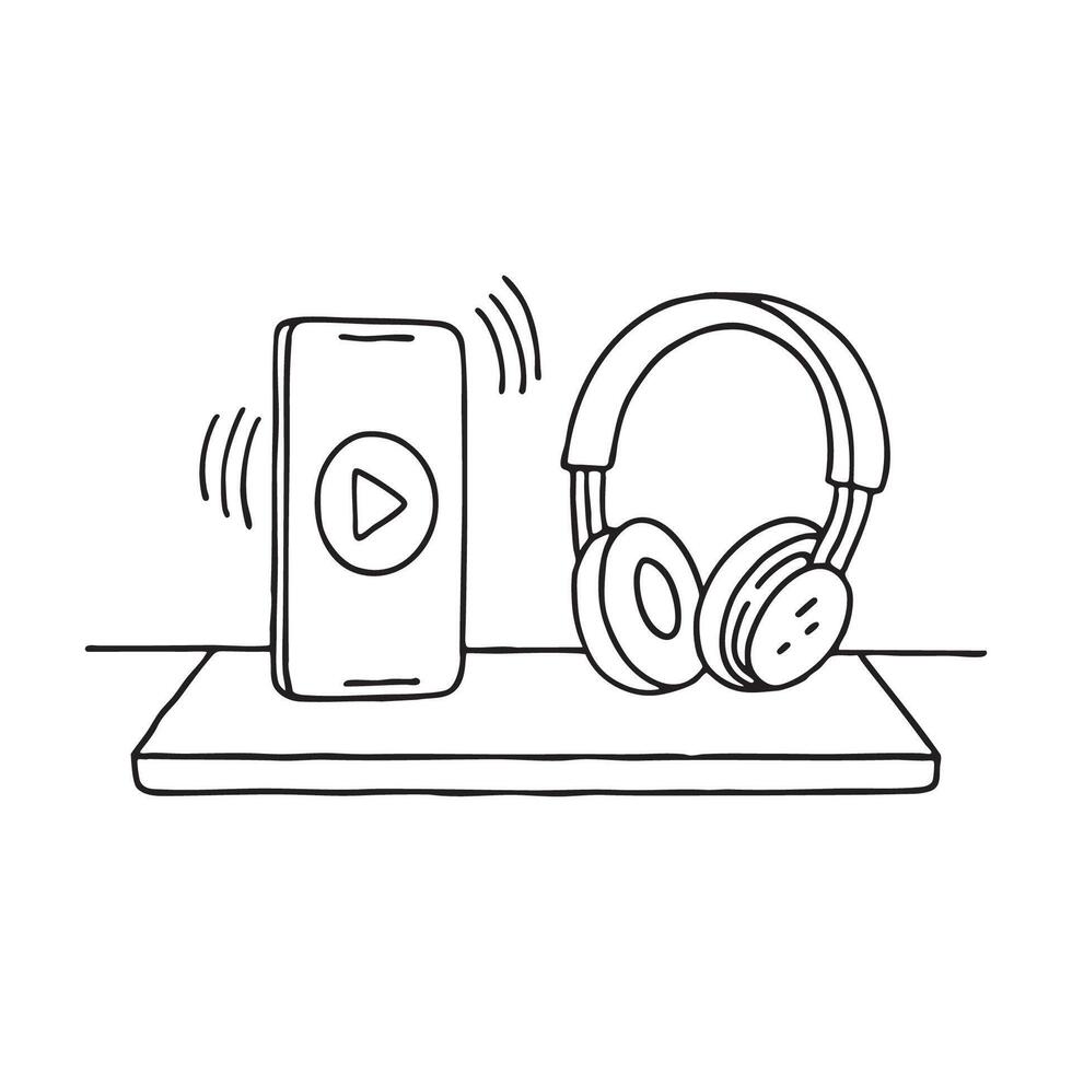 Earphones placed next to a smartphone with play button screen on a desk vector