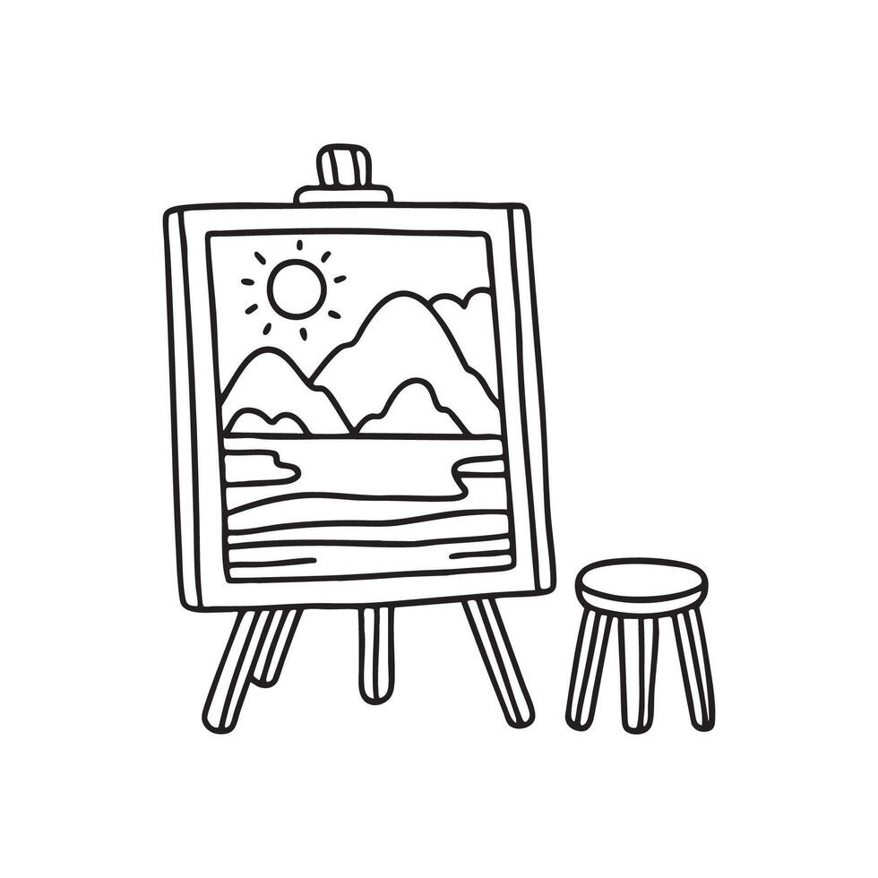 An easel holding a painting of a landscape beside a stool vector
