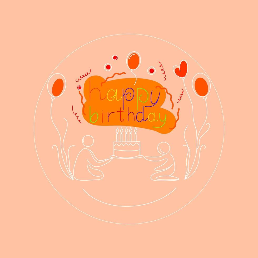 Festive illustration featuring the text Happy Birthday, and balloons, candles, and a cake on an orange background. Abstract line art style vector