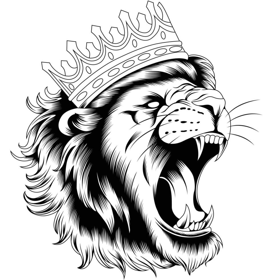 illustration, head of a ferocious lion wearing a crown vector