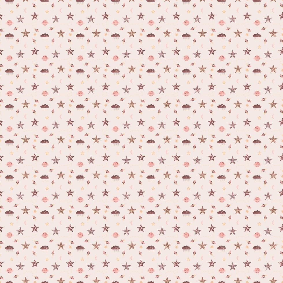 Wallpaper space seamless pattern for kids, children. Galaxy background with rocket, planet, star vector