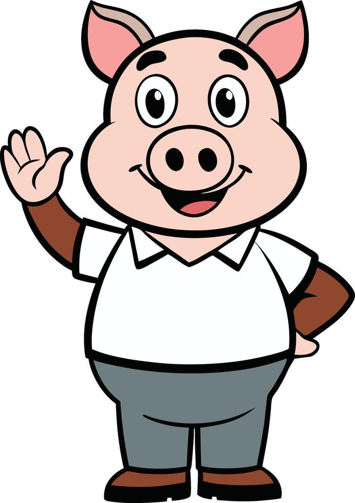 A cartoon pig waving with his hand up vector