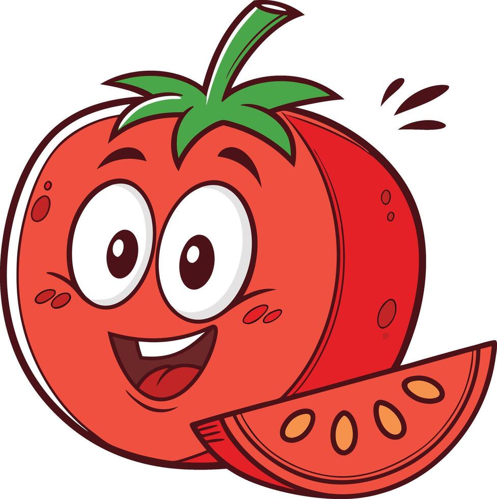 A cartoon tomato with a slice of fruit vector