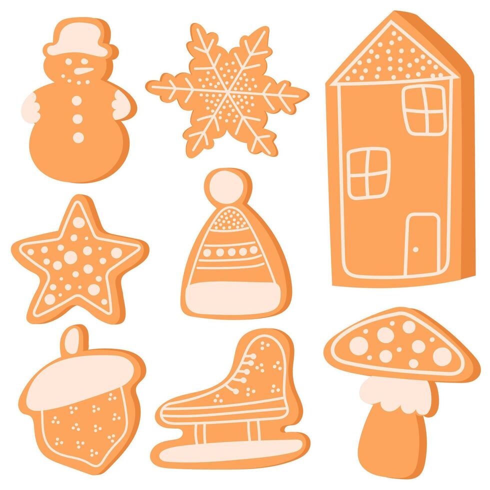 Christmas Gingerbread Cookies. Winter sweet homemade biscuits in different shapes isolated on white background. vector