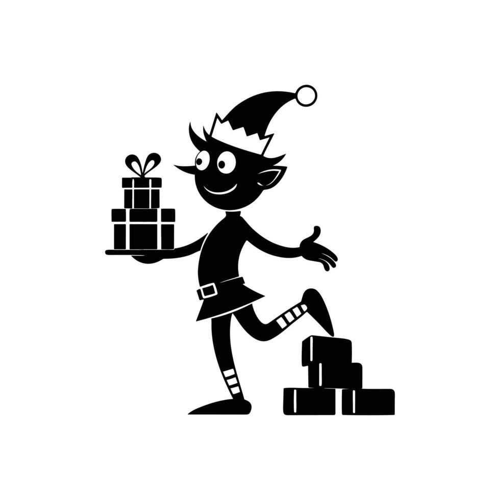 Playful Elf Balancing a Stack of Presents While Walking vector