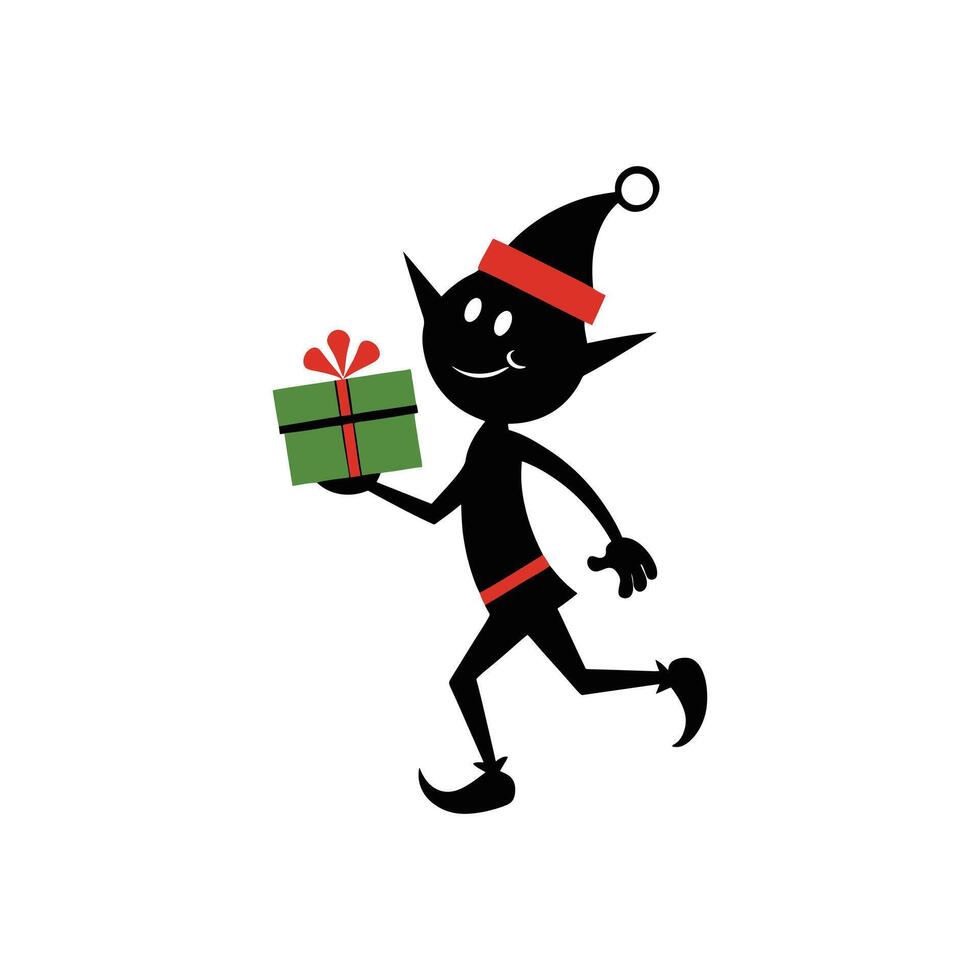 Elf Walking with Gift Box Balanced on His Head in Joyful Mood vector