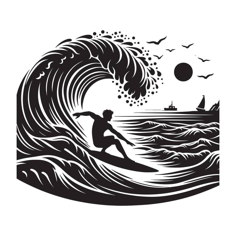 Black Silhouette of Surfer on Wave on White Background vector