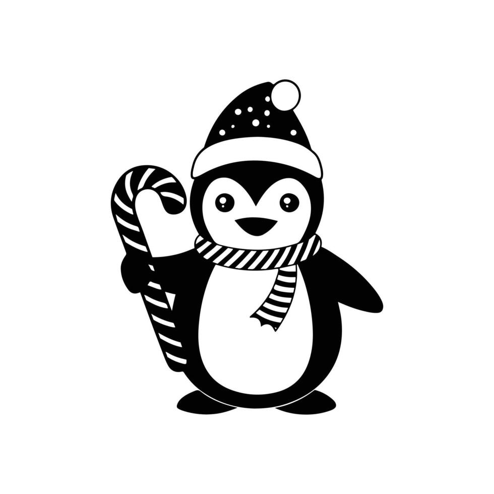 Penguin Holding Candy Cane Wearing a Patterned Holiday Hat vector
