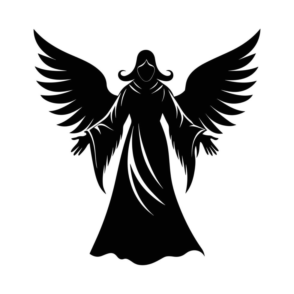 Christmas Angel Silhouette with Flowing Robes on White Background vector