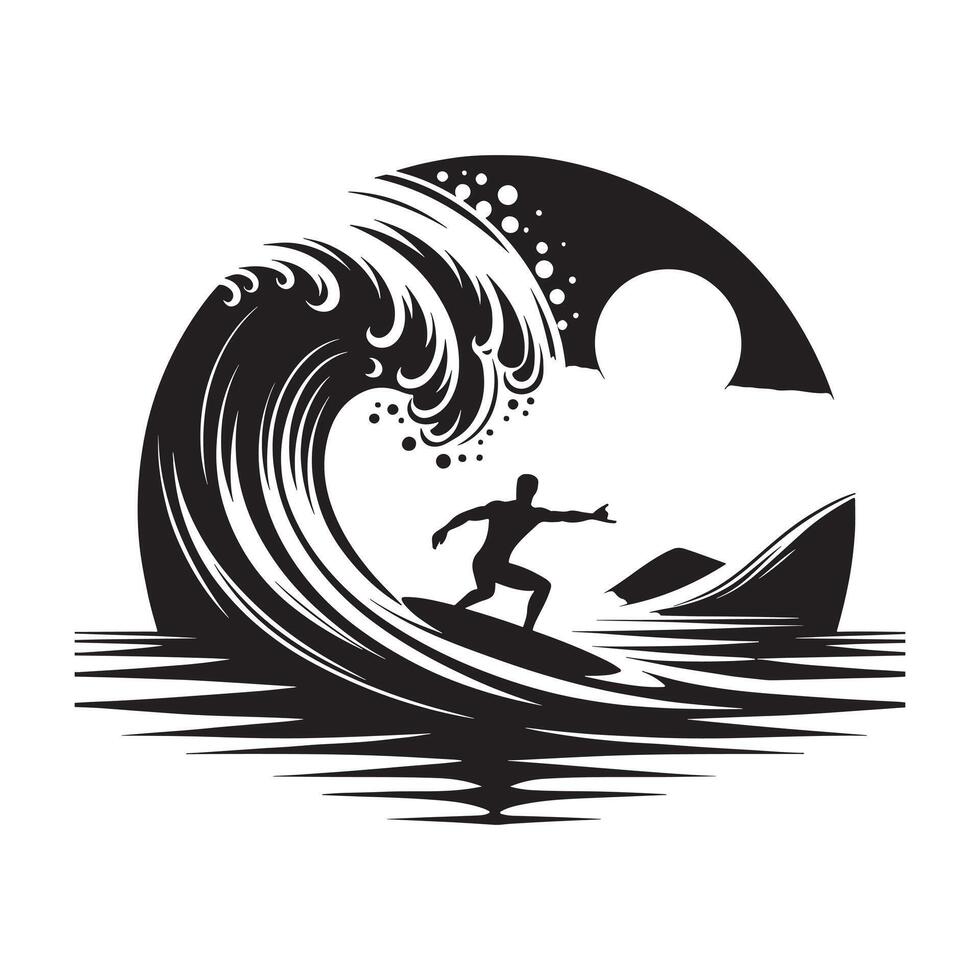 Minimalist Black Silhouette of Surfer on Wave on White Background vector