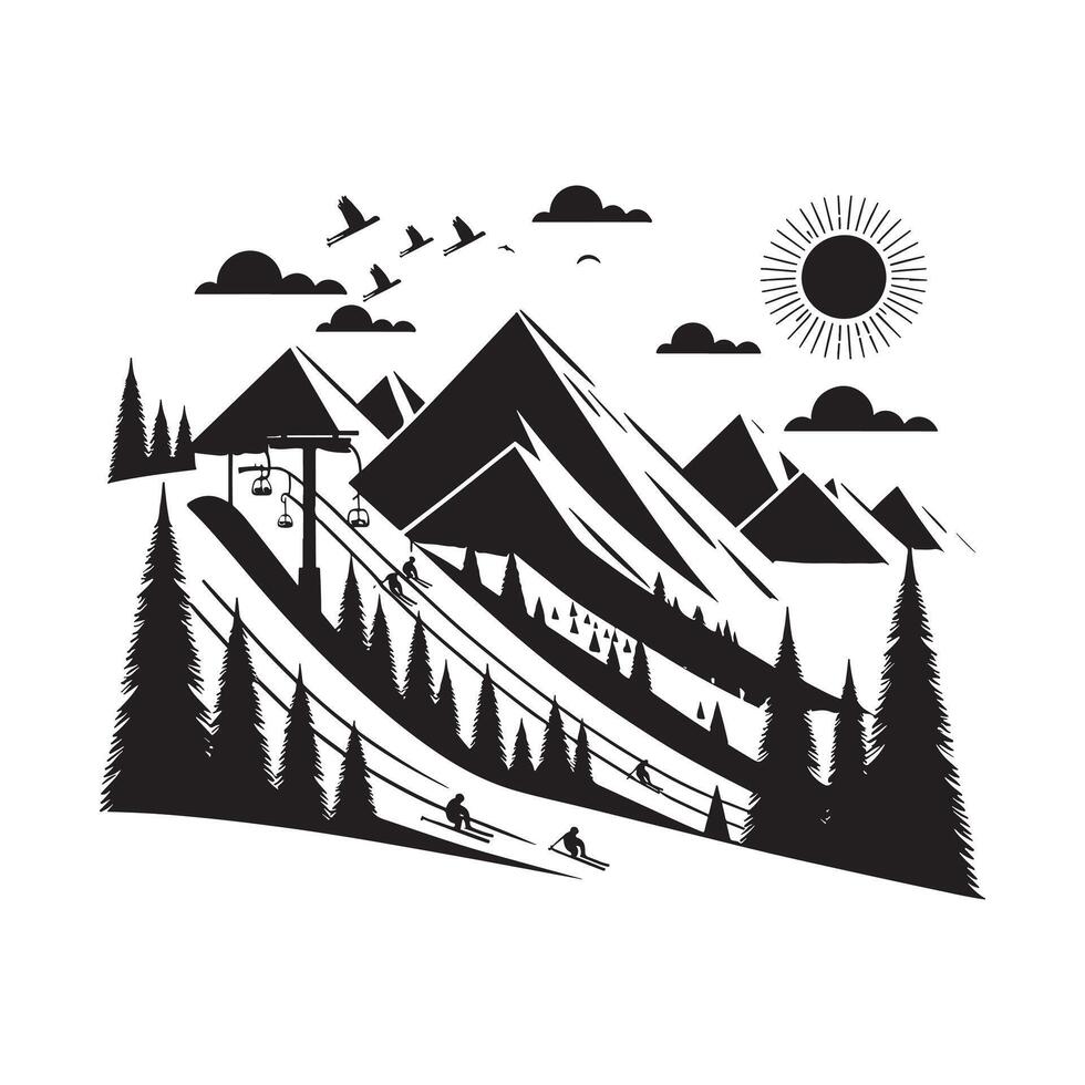 Flat Black Silhouette of Ski Slope on White Background vector
