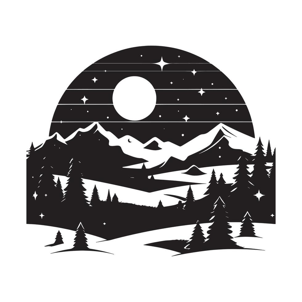 Minimalist Snowy Landscape Black Silhouette on White Background vector