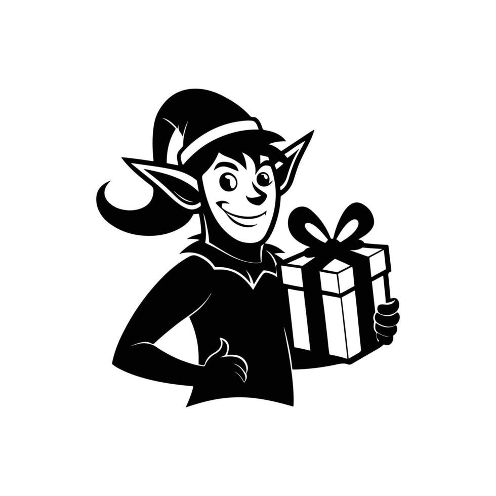 Elf Holding a Wrapped Gift with Ribbon Over One Shoulder vector