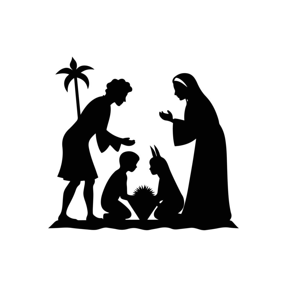 Baby Jesus in Manger with Mary and Joseph Kneeling Silhouette vector