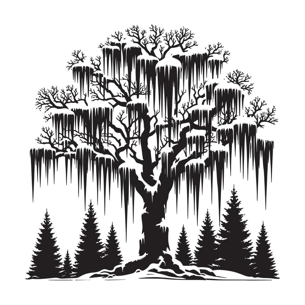 Icicles and Tree Branch Silhouette Winter Artwork on White Background vector