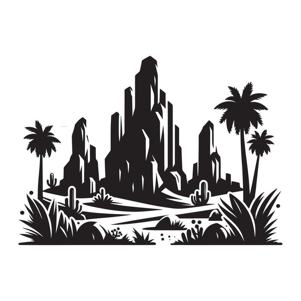 Flat Black Silhouette of Desert Rock on White Background vector